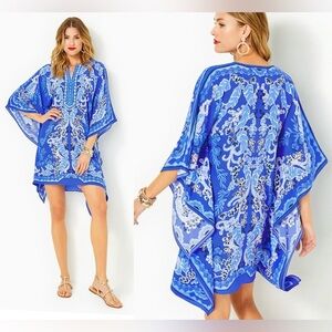 Lilly Pulitzer CINZIA SILK CAFTAN ALBA BLUE BAJA COVE ENGINEERED WOVEN DRESS S/M